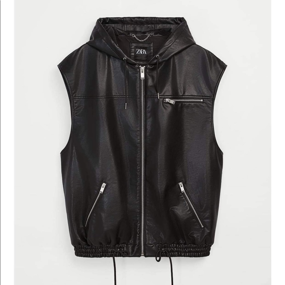 NWT Zara Man Faux Leather Hooded Vest Jacket Coat Black Size M Medium